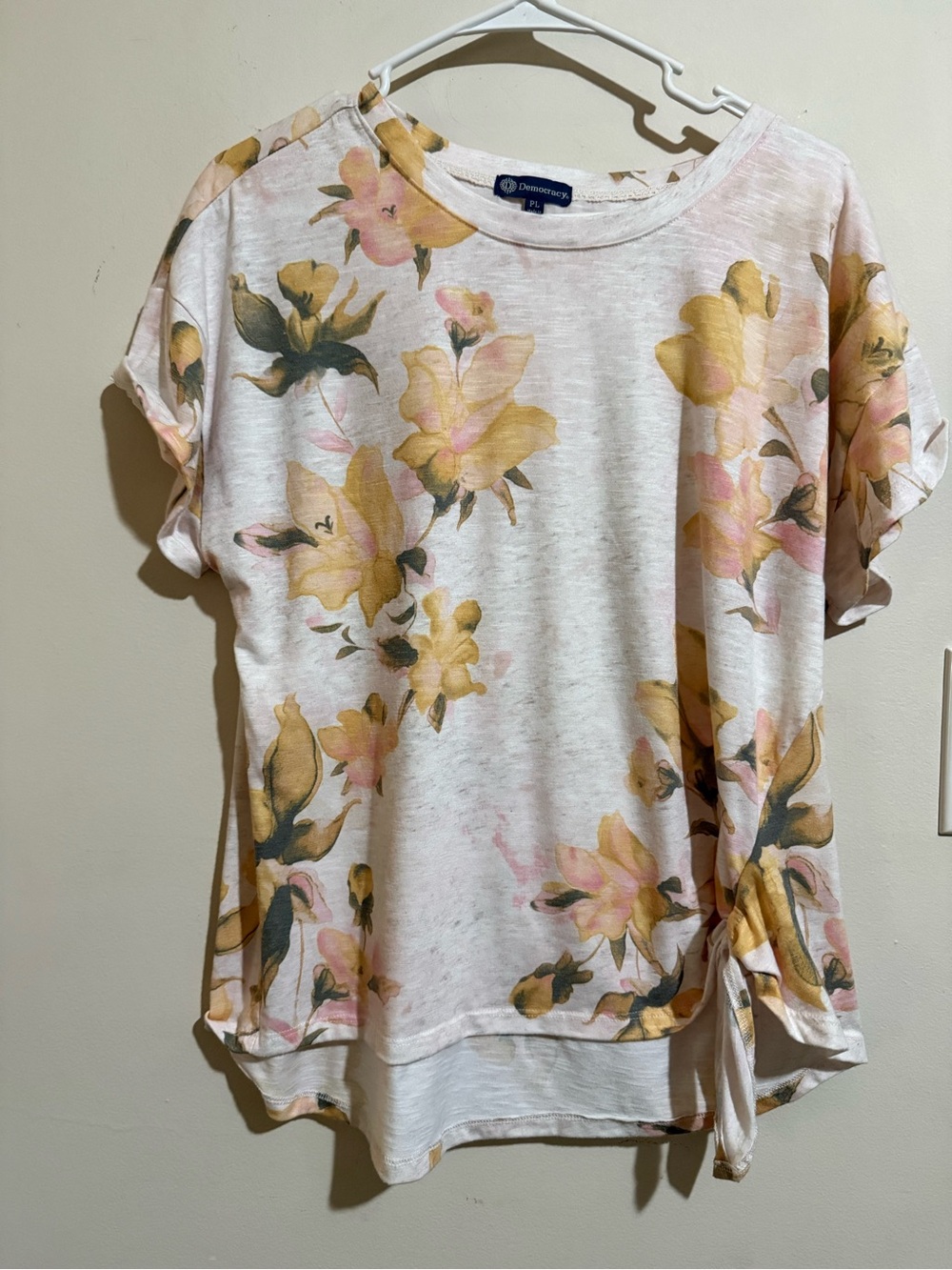 Democracy Cream Short Sleeve Floral Tie-Side Top